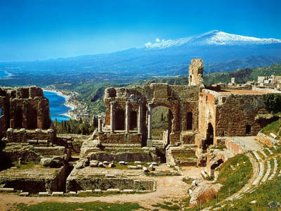 The stunning Greek-Roman theatre has a snow-capped Mount Etna volcano as its backdrop